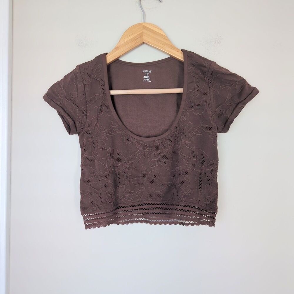 SuperChill by Aerie Brown Floral Lace Trimmed Crop Top Small Scoop Neck